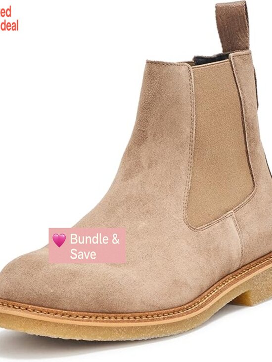 Shoes - Suede Chelsea Boots with Pull-On Style, Round Toe, Flat Heel, Ankle Height